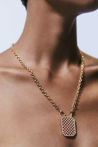 Marie Lichtenberg Staging Scapulaires Check Ruby Scapular on Rosa Classic Chain