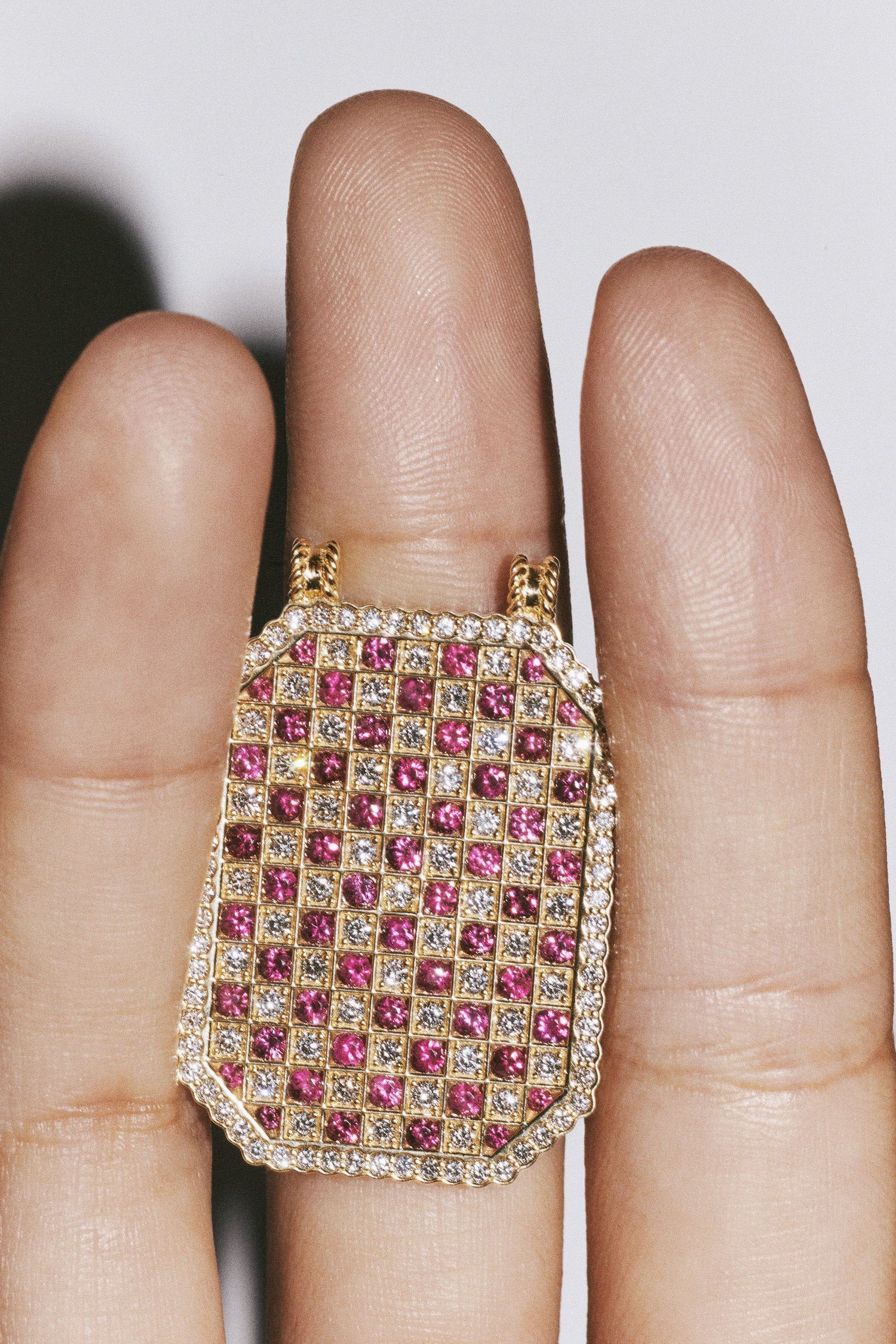 Marie Lichtenberg Staging Scapulaires Check Ruby Scapular on Rosa Classic Chain