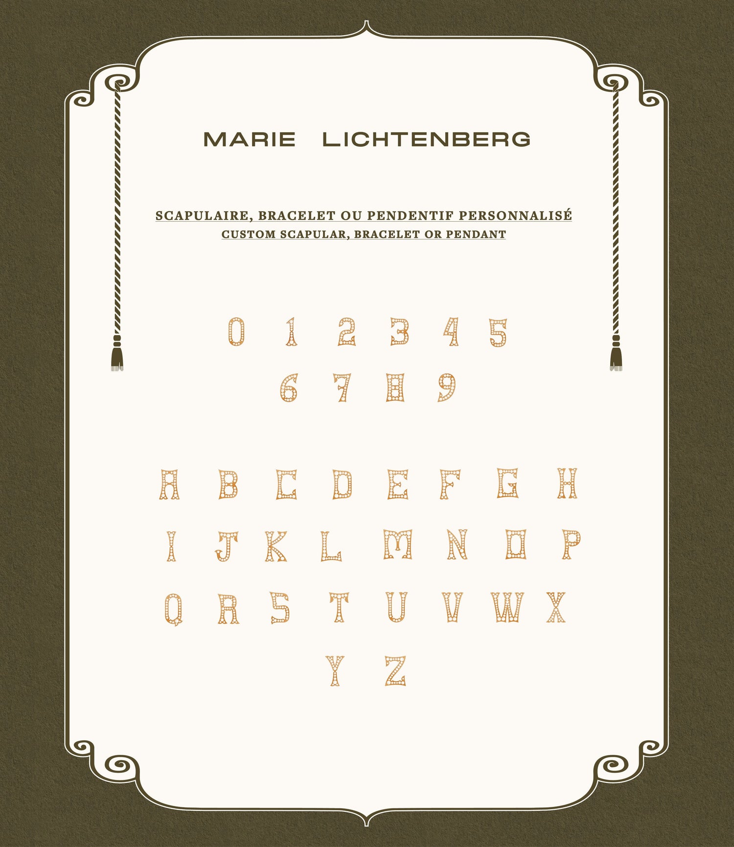 Marie Lichtenberg Staging Scapulaires Custom Letter Scapular Medium